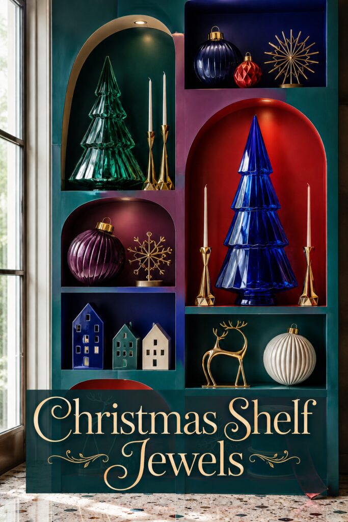 Jewel tone Christmas shelves with emerald and cobalt trees gold candleholders and ceramic houses behind an ivory Christmas Shelf Jewels text overlay