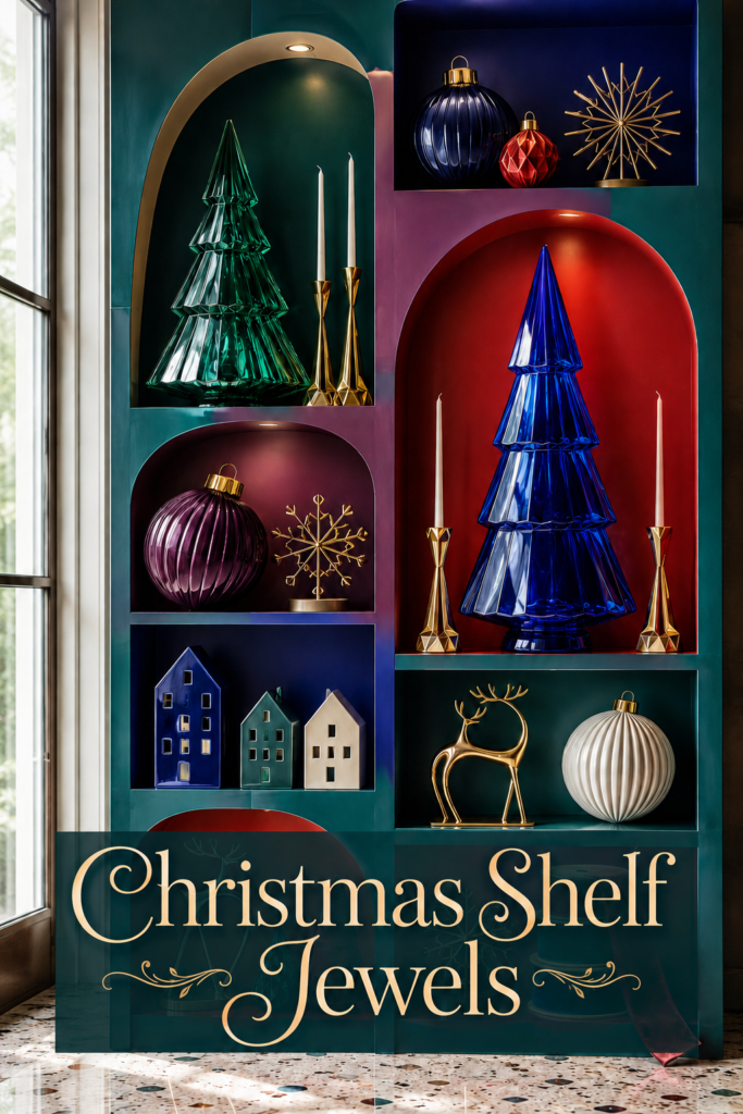Jewel tone Christmas shelves with emerald and cobalt trees gold candleholders and ceramic houses behind an ivory Christmas Shelf Jewels text overlay