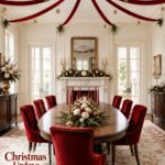 Formal red and gold Christmas dining room with a red ribbon canopy headline