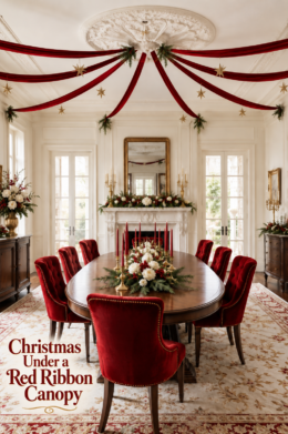 Formal red and gold Christmas dining room with a red ribbon canopy headline
