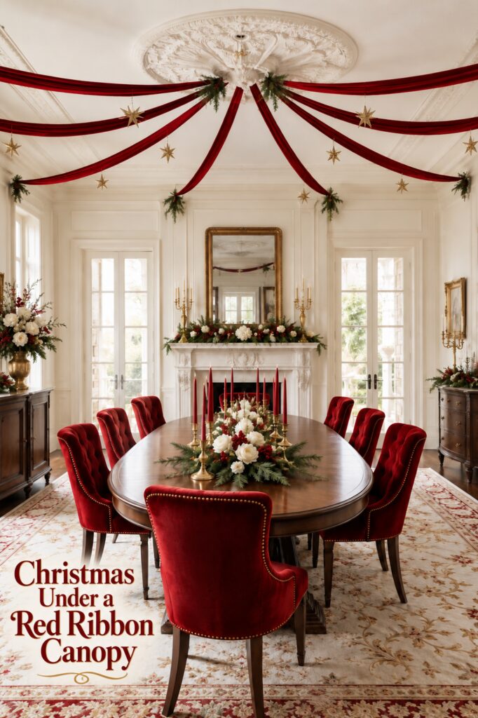 Formal red and gold Christmas dining room with a red ribbon canopy headline