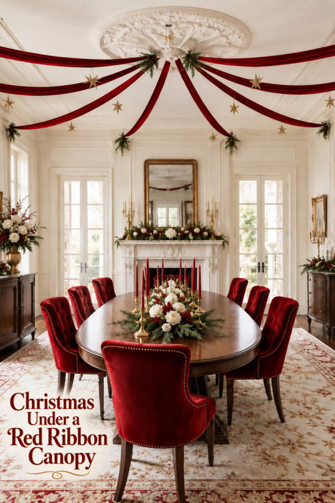 Formal red and gold Christmas dining room with a red ribbon canopy headline