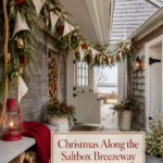 Saltbox Breezeway Christmas with berry garland canvas flags