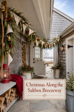 Saltbox Breezeway Christmas with berry garland canvas flags
