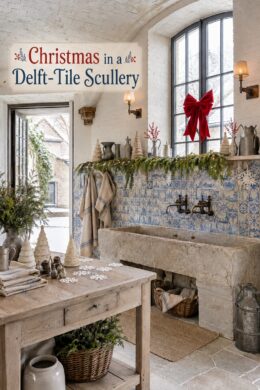 Delft Tile Scullery Christmas scene with red bow rustic stone basin