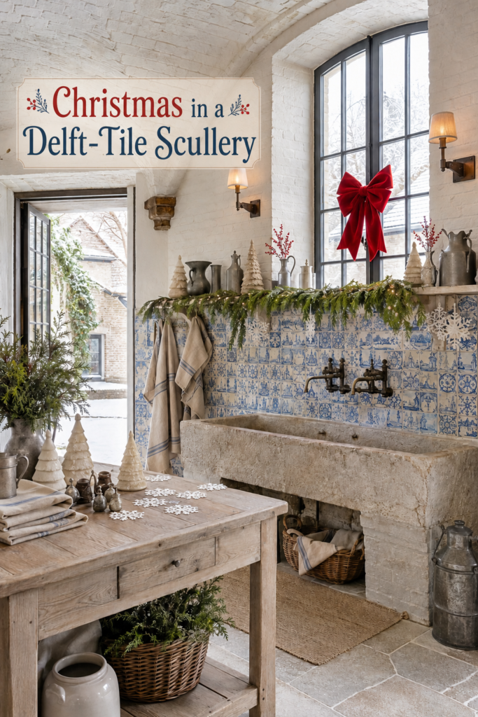 Delft Tile Scullery Christmas scene with red bow rustic stone basin greenery ivory trees and blue patterned tilework