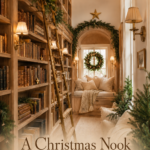 Wooden library shelves and a garland framed Christmas window seat with text reading A Christmas Nook Full of Little Wonders