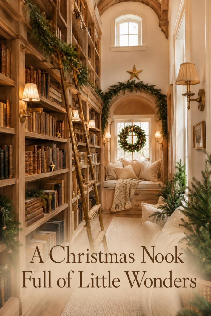 Wooden library shelves and a garland framed Christmas window seat with text reading A Christmas Nook Full of Little Wonders