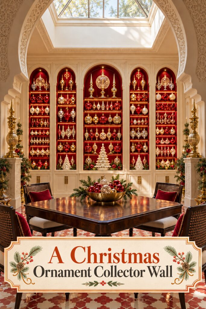 A Christmas Ornament Collector Wall headline beneath shelves of red gold and clear glass ornaments