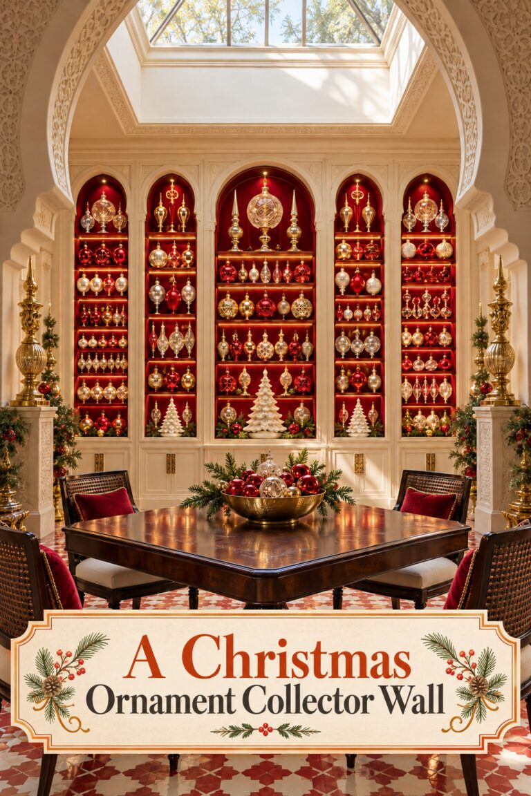 A Christmas Ornament Collector Wall headline beneath shelves of red gold and clear glass ornaments