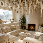 Christmas sitting room with a hanging ornament canopy cream sofas and a gold reindeer beneath text reading Christmas Under a Champagne Canopy