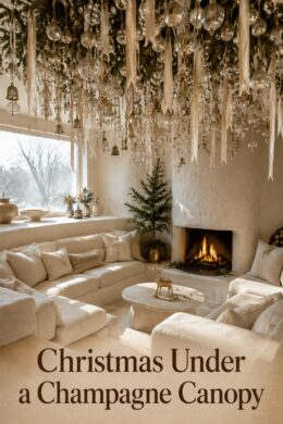 Christmas sitting room with a hanging ornament canopy cream sofas and a gold reindeer beneath text reading Christmas Under a Champagne Canopy