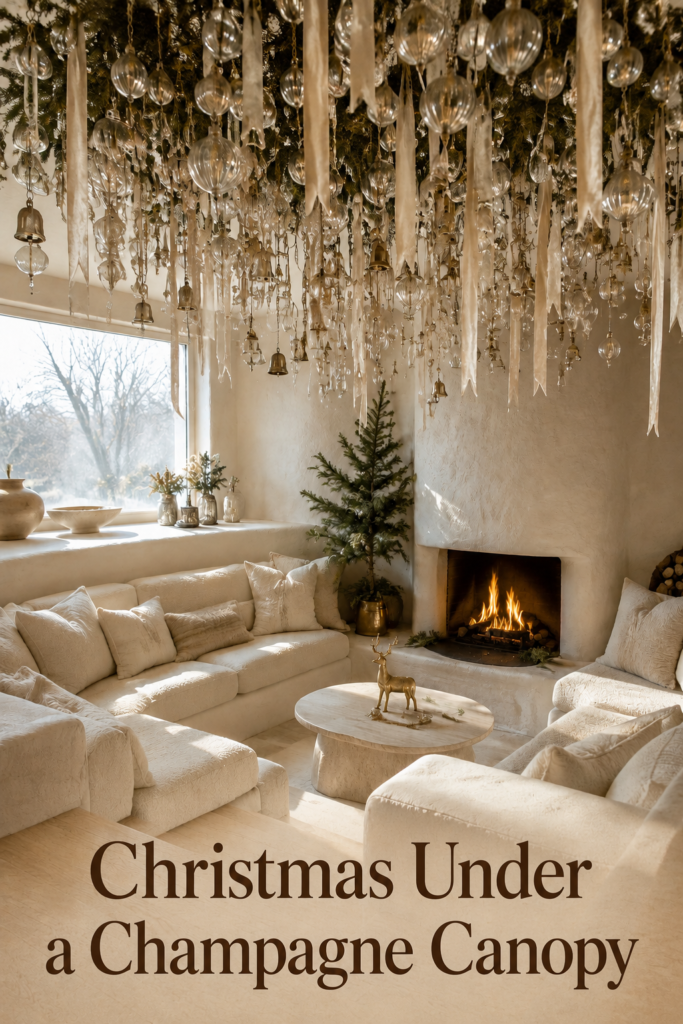 Christmas sitting room with a hanging ornament canopy cream sofas and a gold reindeer beneath text reading Christmas Under a Champagne Canopy