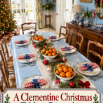 Traditional citrus Christmas tablescape with gingham place settings and clementine Christmas table headline
