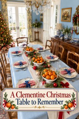 Traditional citrus Christmas tablescape with gingham place settings and clementine Christmas table headline