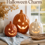 Smiling Halloween pumpkin lantern trio beside a sunny cottage window with text reading Coastal Cottage Halloween Charm