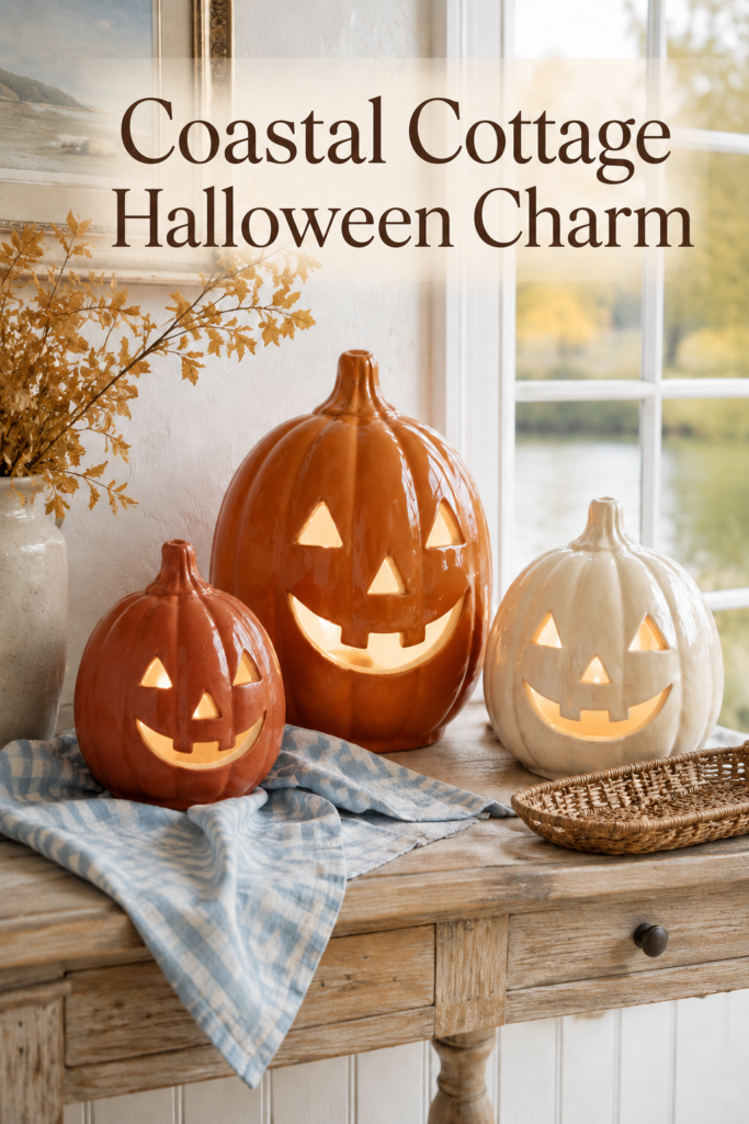 Smiling Halloween pumpkin lantern trio beside a sunny cottage window with text reading Coastal Cottage Halloween Charm
