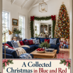 Traditional blue and red Christmas living room with collected Christmas headline in a framed cream panel