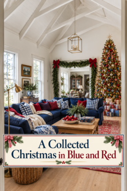 Traditional blue and red Christmas living room with collected Christmas headline in a framed cream panel