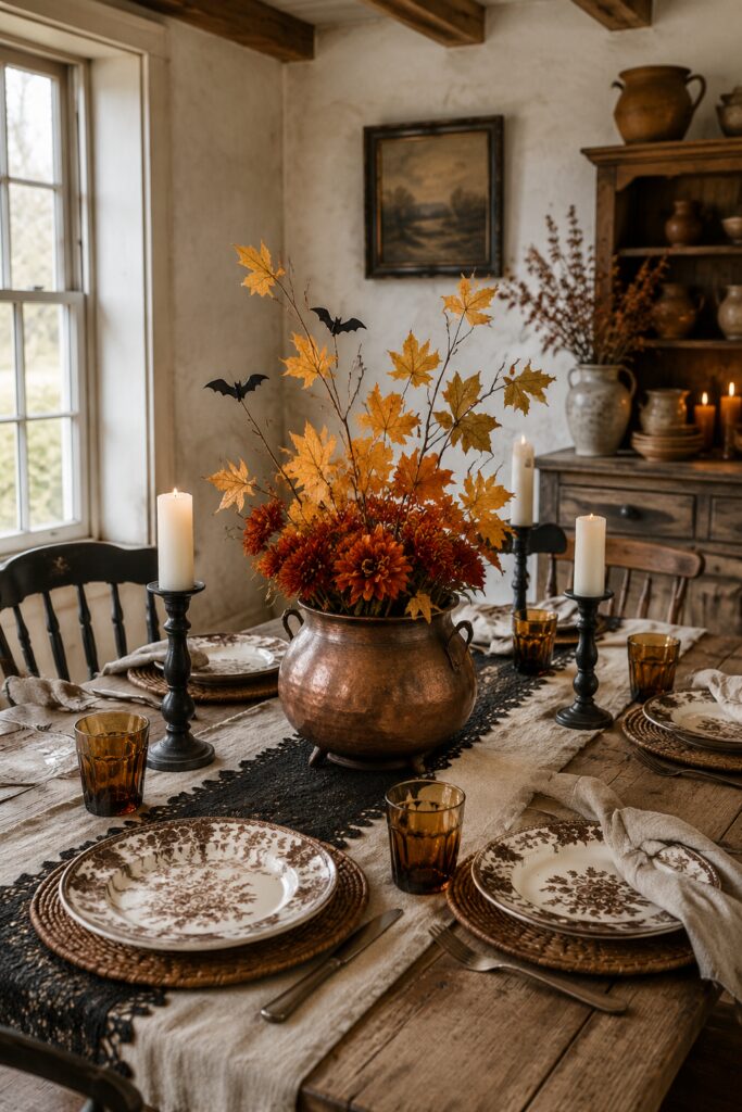 Copper cauldron filled with rust flowers golden branches and two black bats on a Halloween table with black lace brown floral plates and amber glasses