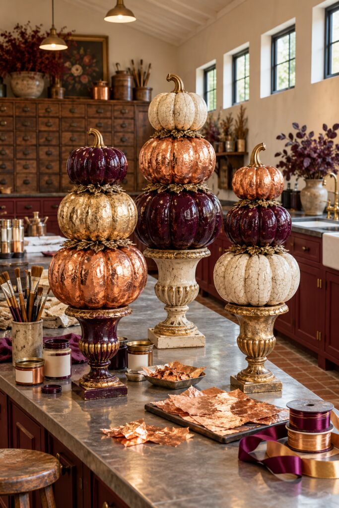 Three stacked pumpkin pedestal urns in plum, copper, gold, and crackled ivory on a craft table.