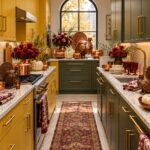 Copper Turkey Thanksgiving Kitchen text above a galley kitchen with burgundy flowers and a copper turkey