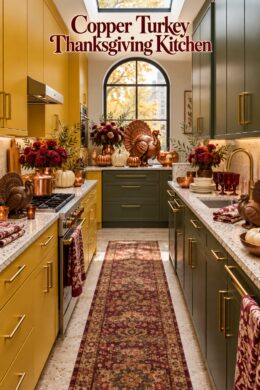 Copper Turkey Thanksgiving Kitchen text above a galley kitchen with burgundy flowers and a copper turkey