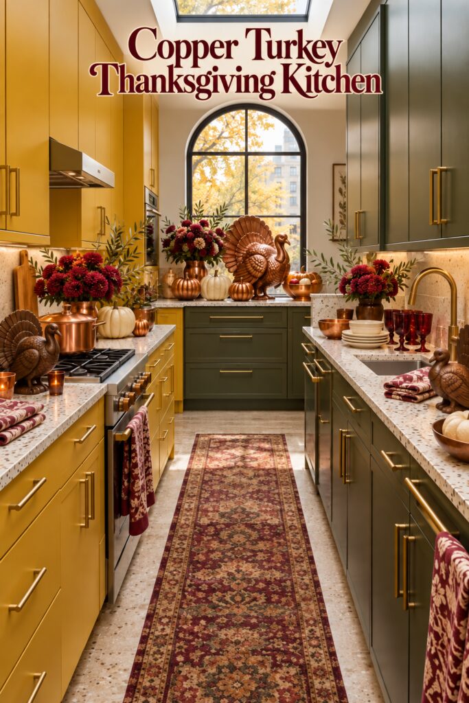 Copper Turkey Thanksgiving Kitchen text above a galley kitchen with burgundy flowers and a copper turkey