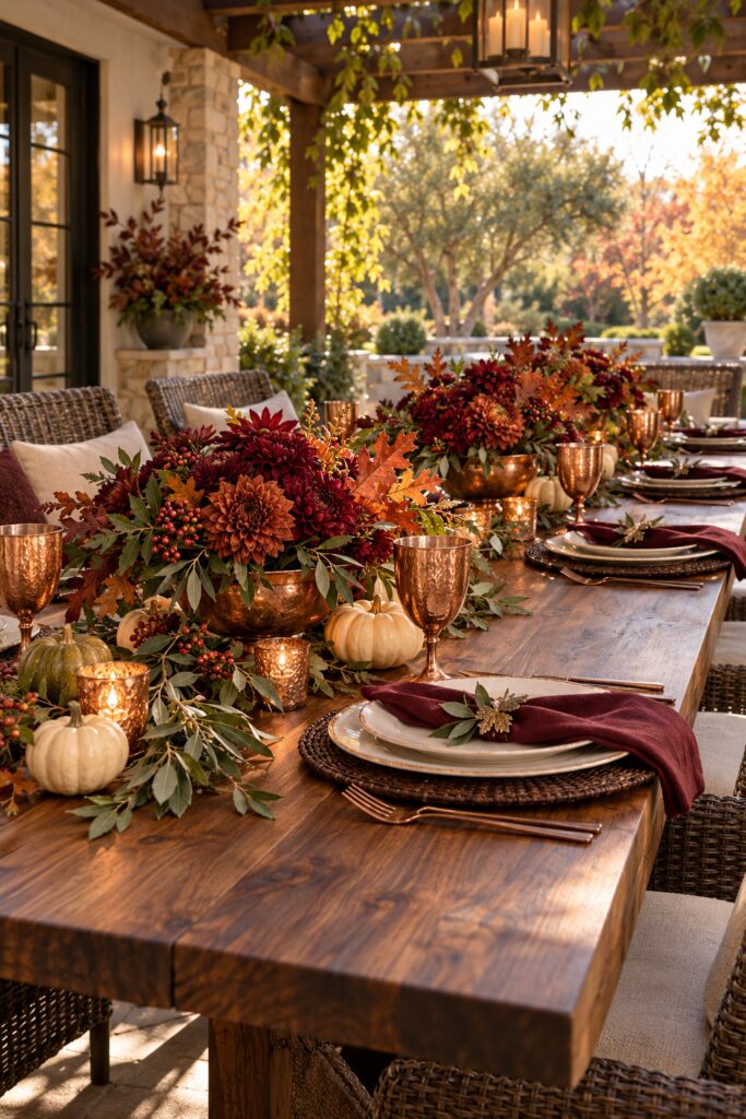 Burgundy and rust flowers in copper bowls on a Thanksgiving patio table with ivory pumpkins and woven place settings