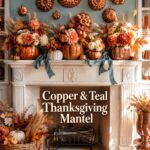 Copper and teal Thanksgiving mantel inspiration with pumpkin vases and autumn flowers