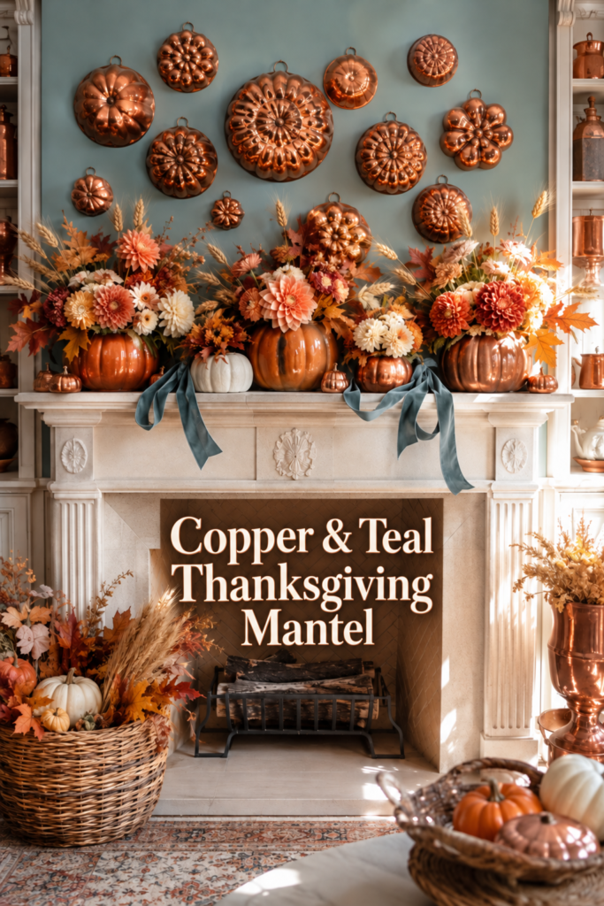 Copper and teal Thanksgiving mantel inspiration with pumpkin vases and autumn flowers
