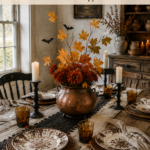 Rustic Halloween supper setting with a copper floral centerpiece and ivory candles beneath text reading Copper and Candlelight A Halloween Supper Table