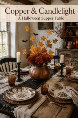 Rustic Halloween supper setting with a copper floral centerpiece and ivory candles beneath text reading Copper and Candlelight A Halloween Supper Table