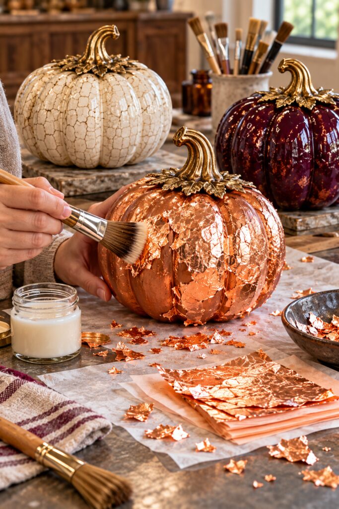 Copper leaf being brushed onto a faux pumpkin with loose metallic sheets on the table