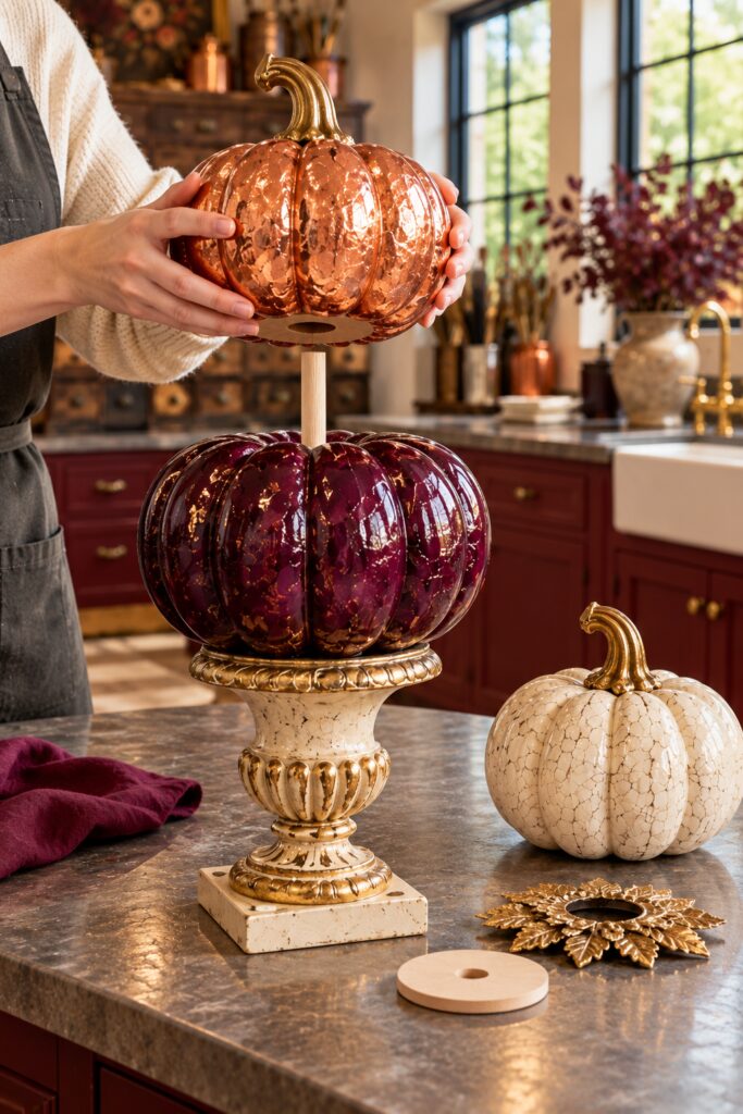 Copper pumpkin held above a plum pumpkin while a wooden dowel aligns the pedestal stack
