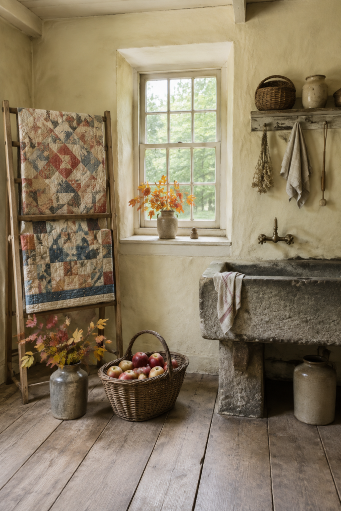 Patchwork quilts hang on a wooden ladder beside autumn branches an apple basket and a stone sink in a cream cottage laundry room