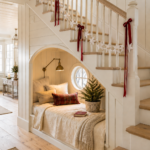 ribbon decorated railing arched reading nook under the stairs decorated for Christmas