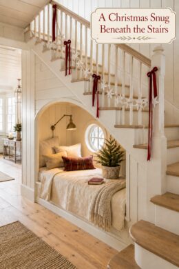 ribbon decorated railing arched reading nook under the stairs decorated for Christmas