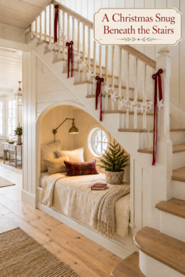 ribbon decorated railing arched reading nook under the stairs decorated for Christmas