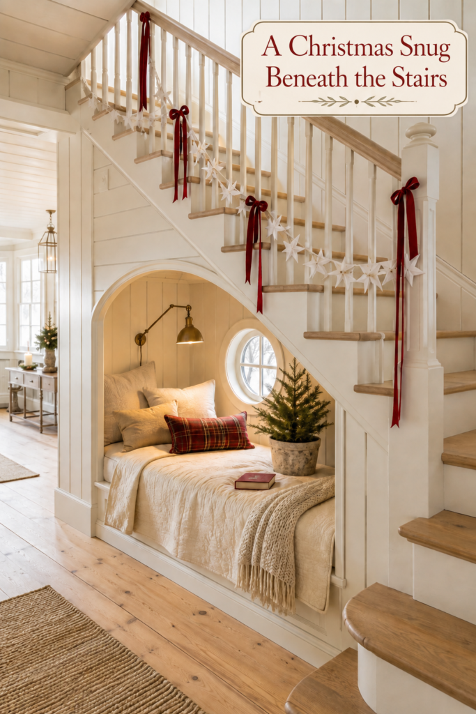 Christmas Snug Beneath the Stairs with ribbon decorated railing arched reading nook round window and layered ivory bedding