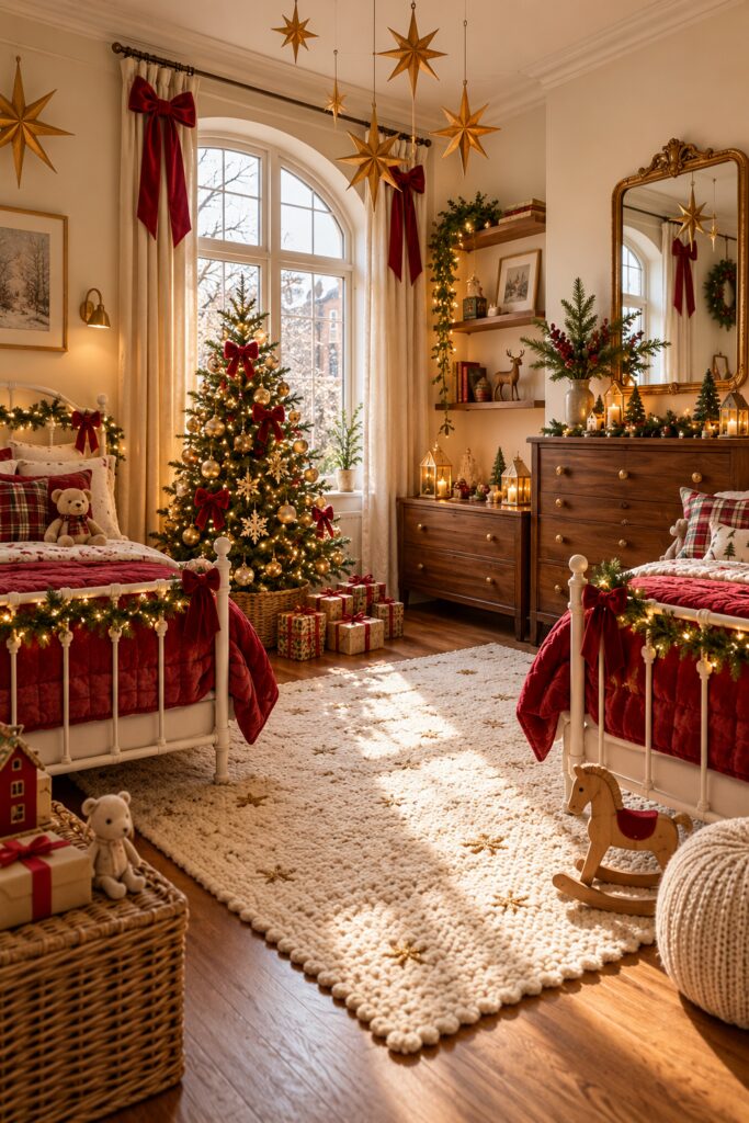 Twin white beds with red quilts beside a lit Christmas tree under hanging gold stars in a childrens bedroom
