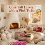 Cozy fall lounge with cream pumpkins golden wheat and pink textiles beneath text reading Cozy Fall Layers with a Pink Twist