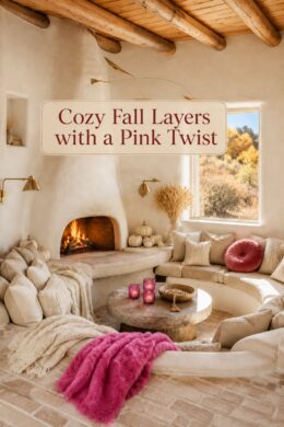 Cozy fall lounge with cream pumpkins golden wheat and pink textiles beneath text reading Cozy Fall Layers with a Pink Twist