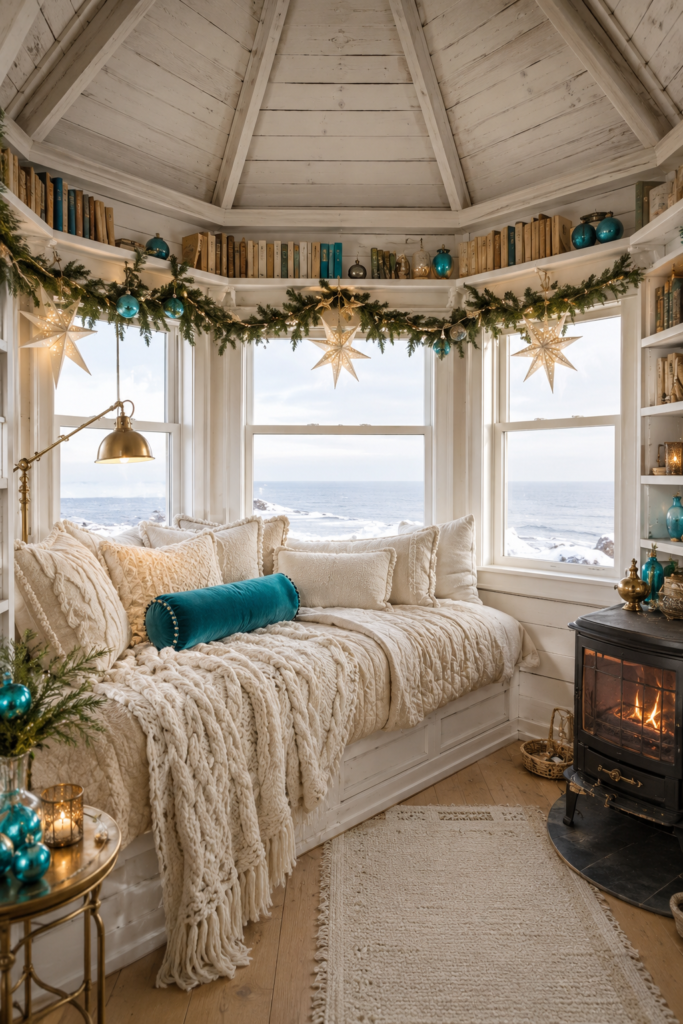 Coastal Christmas reading loft with a turquoise velvet bolster cream knitted throws evergreen garland glowing stars and bookshelves around ocean view windows