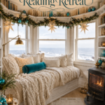Cream window seat with a teal cushion beneath Christmas star lights and the words A Cozy Christmas Reading Retreat in a lighthouse inspired loft