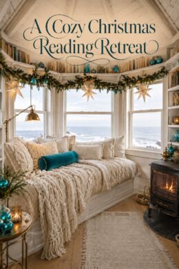 Cream window seat with a teal cushion beneath Christmas star lights and the words A Cozy Christmas Reading Retreat in a lighthouse inspired loft