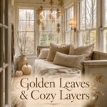 Neutral autumn sunroom with pale pumpkins and lettering reading Golden Leaves and Cozy Layers A Thanksgiving Sunroom Retreat