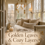 Neutral autumn sunroom with pale pumpkins and lettering reading Golden Leaves and Cozy Layers A Thanksgiving Sunroom Retreat