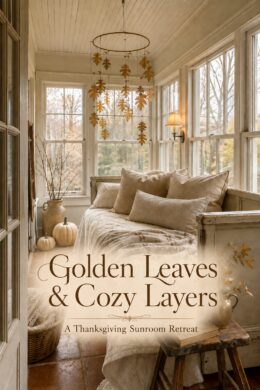 Neutral autumn sunroom with pale pumpkins and lettering reading Golden Leaves and Cozy Layers A Thanksgiving Sunroom Retreat