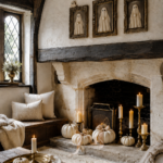 Cozy neutral Halloween inglenook with framed ivory ghosts ribbon trimmed pumpkins and text reading Pearl Button Ghosts A Cozy Halloween Look